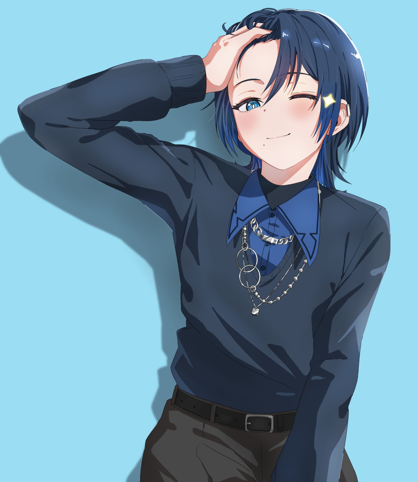 1girl absurdres belt blue_background blue_eyes blue_hair blue_sweater blush earclip flat_chest grey_pants hair_between_eyes hand_in_own_hair hand_on_own_head highres hiodoshi_ao hololive hololive_dev_is knew_nothing looking_at_viewer medium_hair mole mole_under_mouth one_eye_closed pants regloss_(hololive) smile solo sweater virtual_youtuber