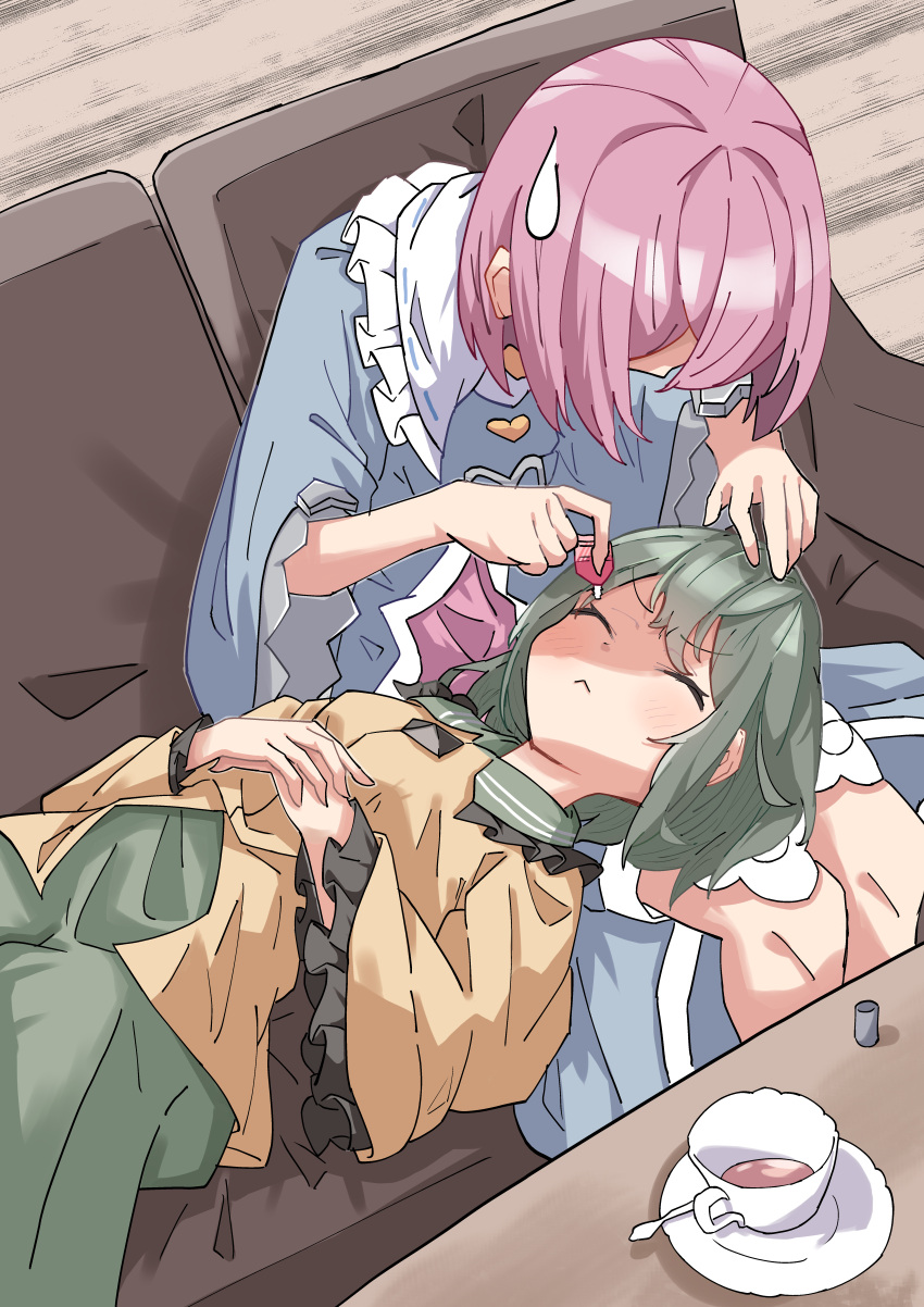 2girls absurdres blonde_hair buttons closed_eyes commentary couch cup diamond_button eyedrops facing_another frilled_sailor_collar frills green_hair heart_button highres komeiji_koishi komeiji_satori lap_pillow lying multiple_girls on_back on_couch own_hands_together sailor_collar saimu_taju saucer siblings sisters sitting sweatdrop teacup touhou