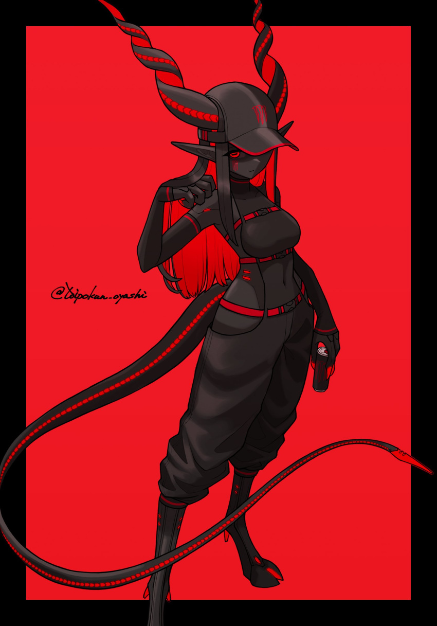 1girl adjusting_hair baseball_cap black_border black_hair black_sclera black_skin border breasts can colored_inner_hair colored_sclera colored_skin demon_girl demon_horns demon_tail detached_sleeves digitigrade drink_can hat highres holding holding_can hooves horizontal_pupils horns medium_breasts monster_energy multicolored_hair original pointy_ears red_background red_eyes red_theme redhead soda_can solo standing tail toipokun_oyashi twitter_username two-tone_hair