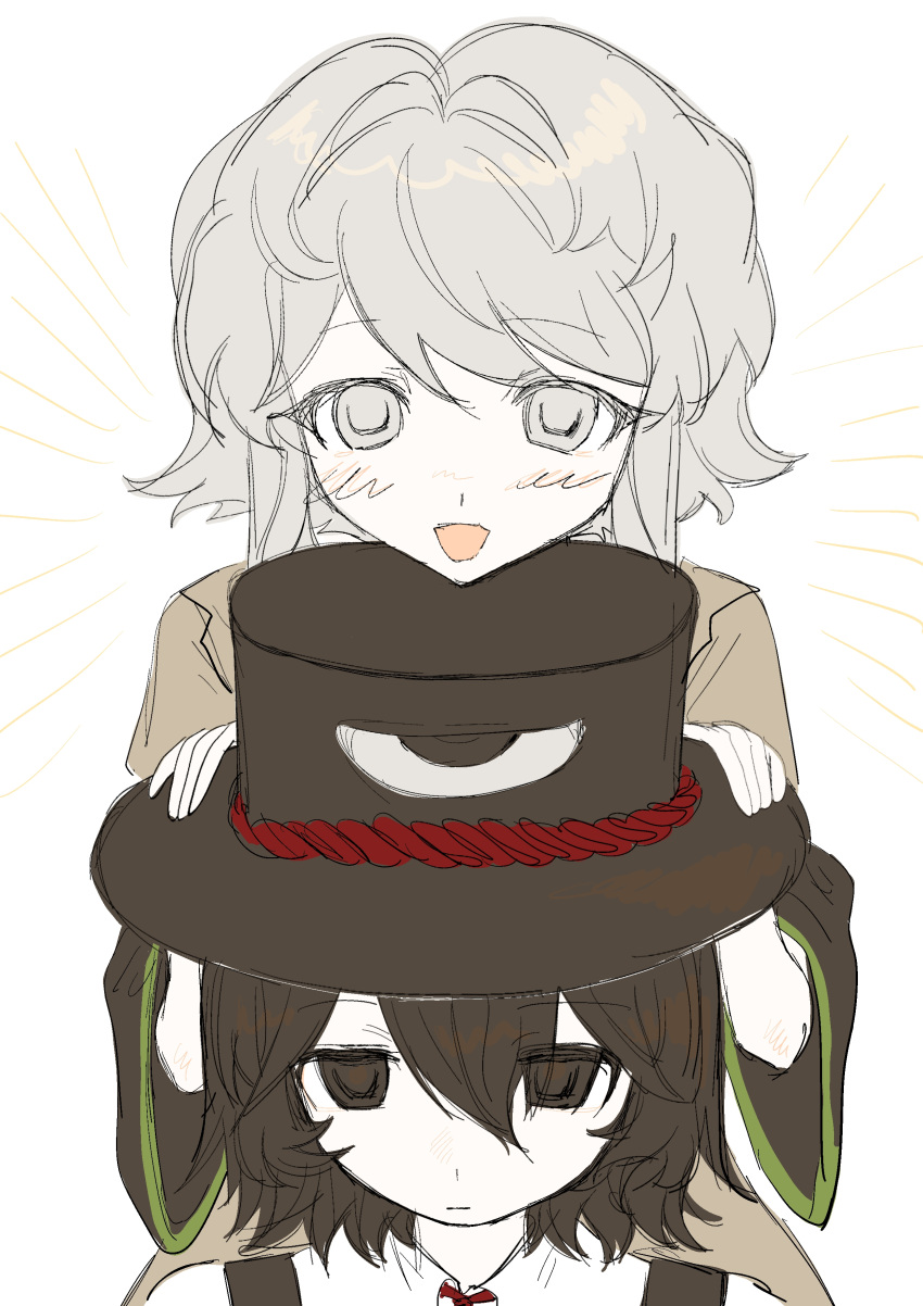 2others absurdres androgynous bingkuaihei black_eyes black_hair black_headwear brown_shirt chinese_commentary closed_mouth collared_shirt colored_skin commentary_request enraku_tsubakura grey_eyes grey_hair hair_between_eyes hair_intakes hat highres houlen_yabusame len'en multiple_others open_mouth other_focus shirt short_hair simple_background smile white_background white_shirt white_skin