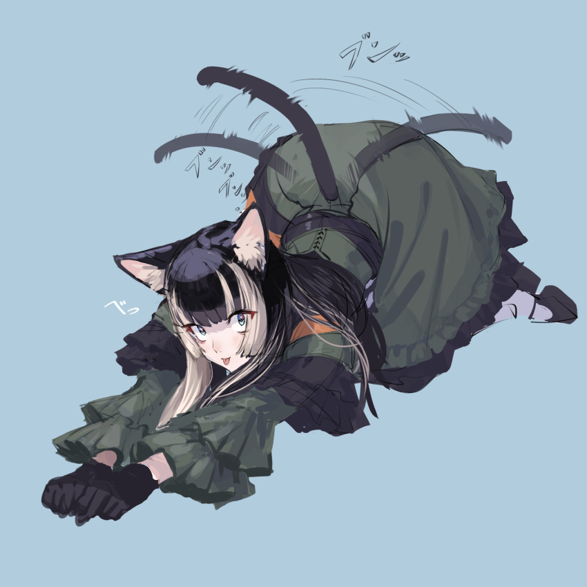 1girl animal_ears black_dress black_gloves black_hair blue_background blue_eyes blunt_bangs cat_ears cat_tail dress frilled_dress frilled_sleeves frills gloves gothic_lolita green_dress grey_hair highres hololive hololive_dev_is juufuutei_raden lolita_fashion long_hair multicolored_hair murechika sidelocks streaked_hair tail tail_wagging tongue tongue_out top-down_bottom-up two-tone_hair variant_set virtual_youtuber