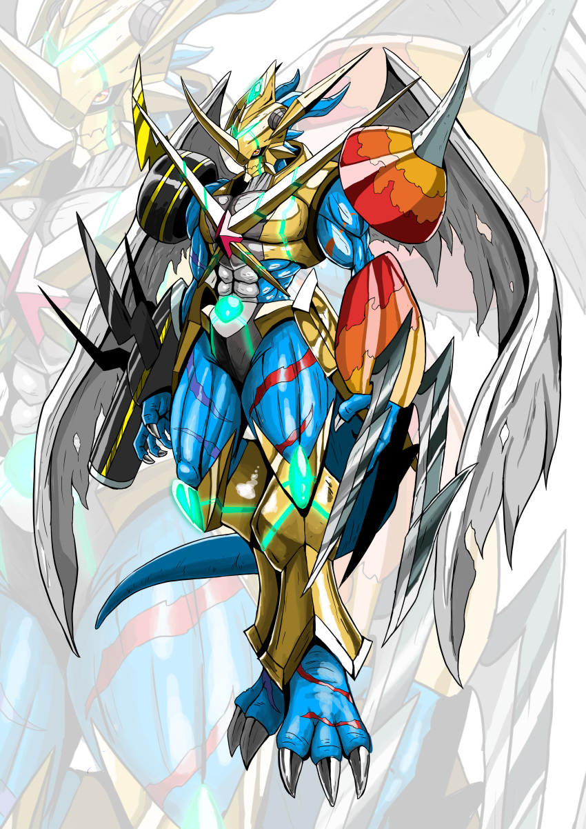 abs absurdres arm_blade arm_cannon armor blue_skin claws colored_skin digimon dragon fingernails fladramon fusion gauntlets highres imperialdramon imperialdramon_paladin_mode long_fingernails magnamon no_humans omegamon raidramon red_eyes sawa_d shoulder_armor spikes torn_wings ulforcev-dramon weapon wings