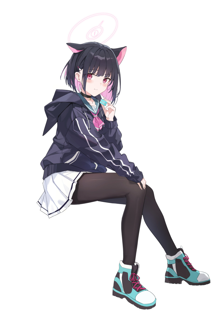 1girl absurdres animal_ears aqua_footwear black_choker black_hair black_jacket black_pantyhose blue_archive blue_sailor_collar blush cat_ears chenmu_sora choker closed_mouth colored_inner_hair commentary eating extra_ears food full_body halo hand_on_own_knee hand_up highres holding holding_food hood hood_down hooded_jacket invisible_chair jacket kazusa_(blue_archive) long_sleeves looking_at_viewer macaron miniskirt multicolored_hair neckerchief pantyhose pink_eyes pink_hair pink_halo pink_neckerchief pleated_skirt sailor_collar shoes short_hair simple_background sitting skirt sleeves_past_wrists smile sneakers solo tachi-e two-tone_hair white_background white_skirt