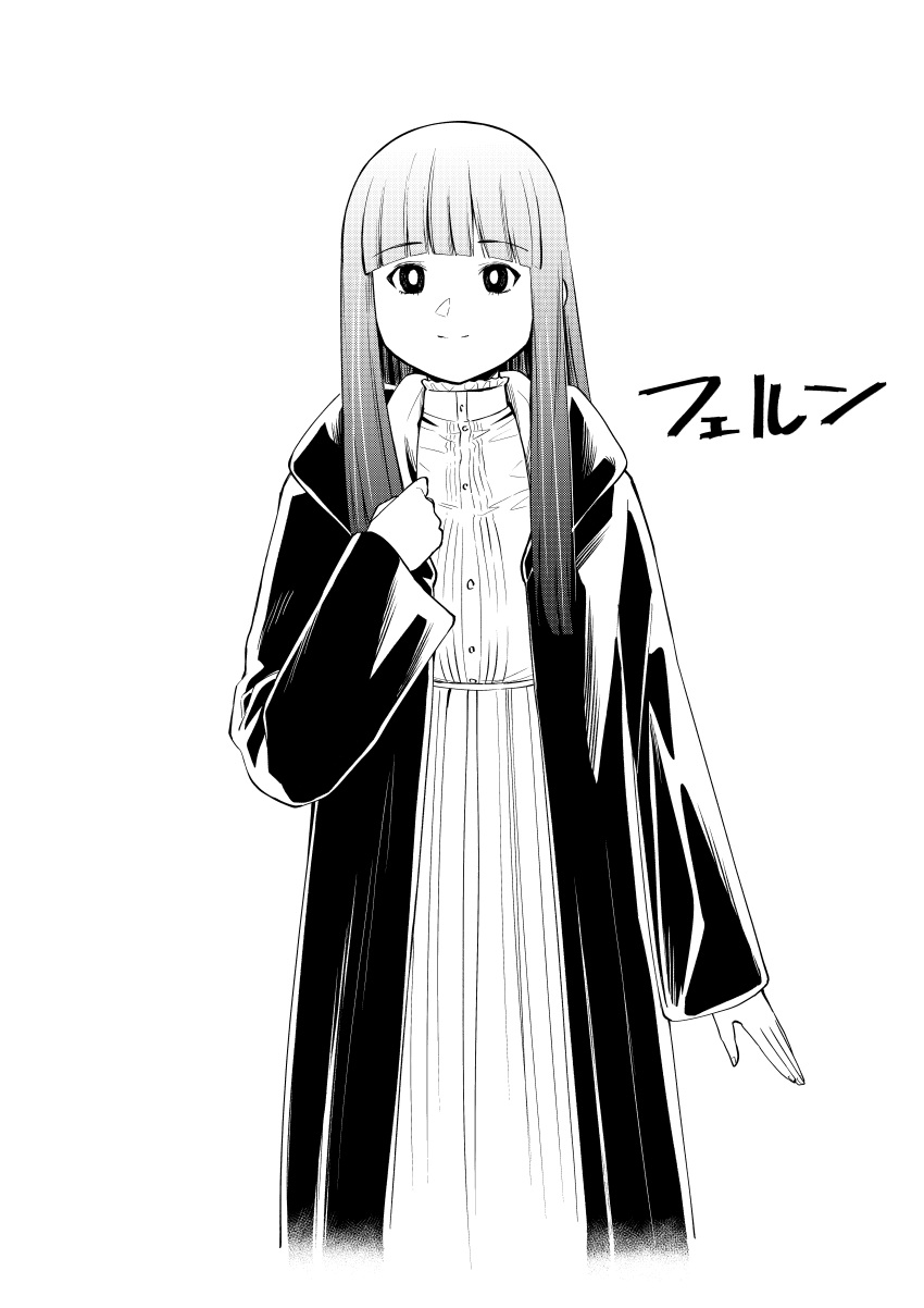 0827jona 1girl absurdres blunt_bangs bright_pupils collar commentary_request dress fern_(sousou_no_frieren) frilled_collar frills greyscale highres long_coat long_hair looking_at_viewer monochrome sidelocks smile solo sousou_no_frieren straight_hair