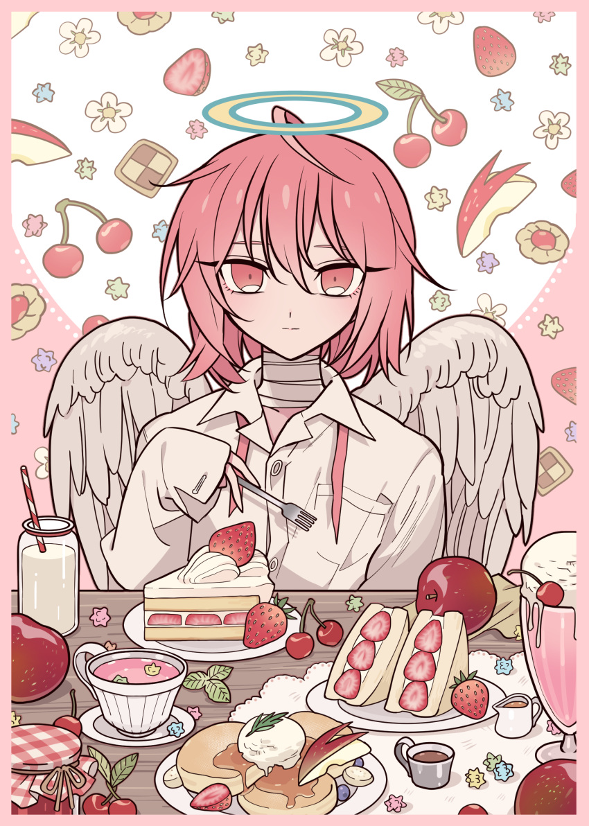 1other absurdres angel angel_wings apple apple_rabbit banana banana_slice bandaged_neck bandages blueberry bottle cake candy checkerboard_cookie cherry closed_mouth cookie cup drinking_straw expressionless flower food food_art fork fruit fruit_sandwich halo highres holding holding_fork ice_cream jam jar kei_(meremero) konpeitou long_sleeves looking_at_viewer medium_hair meremero milk_bottle milkshake mint original pancake pink_eyes pink_hair plate pocket saucer shirt sleeves_past_wrists solo souffle_pancake strawberry strawberry_shortcake table teacup thumbprint_cookie upper_body white_shirt white_wings wings