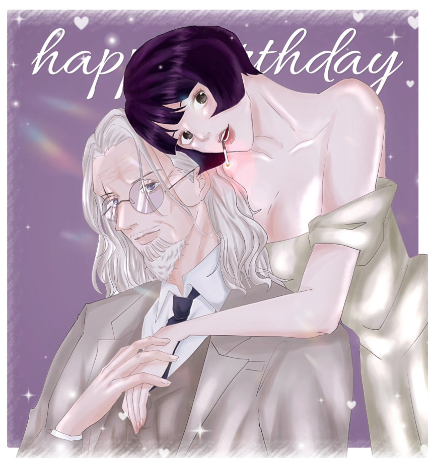 1boy 1girl bare_shoulders beard black_necktie blunt_bangs brown_eyes cigarette commentary_request cozouuuu dress facial_hair glasses happy_birthday heart highres jacket light_smile long_hair looking_at_viewer mustache necktie one_piece pink_nails purple_background purple_hair scar scar_across_eye shakuyaku_(one_piece) shirt short_hair silvers_rayleigh upper_body waistcoat white_hair white_shirt