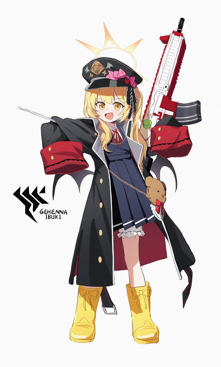 1girl :d absurdres assault_rifle black_coat black_dress black_headwear black_ribbon black_wings blonde_hair bloomers blue_archive boots bow character_name coat demon_wings dress english_text full_body gehenna_academy_logo gun h&amp;k_hk416 hair_ribbon halo hands_up hat hat_bow heart highres holding holding_gun holding_weapon ibuki_(blue_archive) long_hair long_sleeves low_wings neck_ribbon open_clothes open_coat open_mouth oversized_clothes peaked_cap pinafore_dress pink_bow red_ribbon ribbon rifle sleeveless sleeveless_dress sleeves_past_fingers sleeves_past_wrists smile solo weapon white_background white_bloomers wings xintianou yellow_eyes yellow_footwear yellow_halo