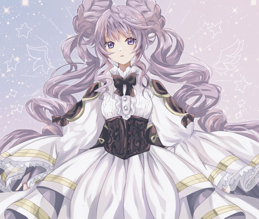 1girl abfbfygo black_bow bow bowtie dress drill_hair duel_monster highres parted_lips puffy_dress puffy_sleeves purple_hair sleeves_past_fingers sleeves_past_wrists solo twin_drills twintails vaalmonica_scelta violet_eyes white_dress wide_sleeves yu-gi-oh!