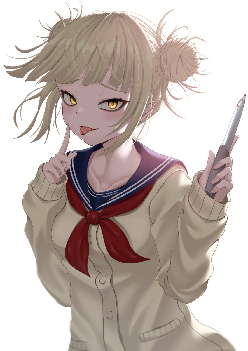 1girl bags_under_eyes blonde_hair blood blood_on_knife blood_on_tongue blue_sailor_collar boku_no_hero_academia cardigan double_bun hair_bun highres holding holding_knife index_finger_raised knife looking_at_viewer messy_hair neckerchief nishinokyo red_neckerchief sailor_collar simple_background solo toga_himiko white_background yellow_cardigan yellow_eyes