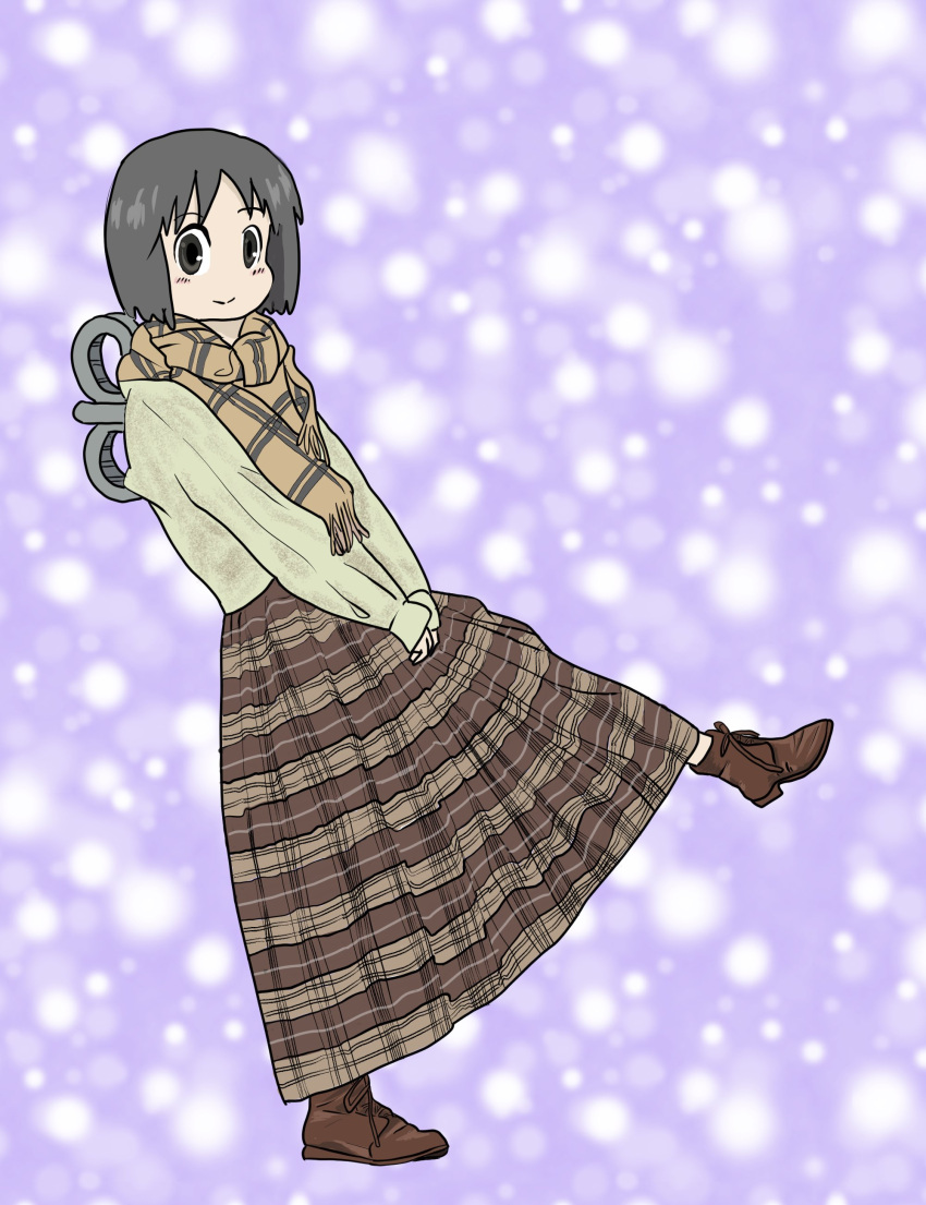 1girl absurdres black_eyes boots brown_footwear brown_scarf brown_skirt full_body green_sweater grey_hair highres long_skirt looking_at_viewer nichijou no_nose own_hands_together plaid plaid_scarf plaid_skirt purple_background risaoza_meat robot_girl scarf shinonome_nano short_hair skirt smile solo standing standing_on_one_leg sweater winding_key