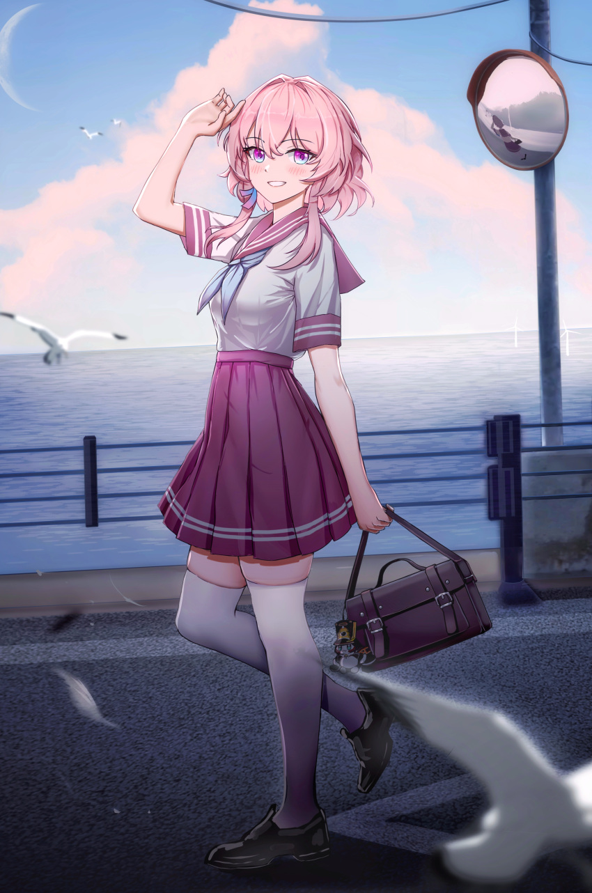 1girl absurdres alternate_costume bag bird black_footwear blue_eyes blue_neckerchief blue_sky blurry blurry_foreground blush breasts chinese_commentary clouds cloudy_sky commentary earrings from_side full_body grin high-waist_skirt highres holding holding_bag honkai:_star_rail honkai_(series) jewelry loafers march_7th_(honkai:_star_rail) medium_breasts medium_hair medium_skirt mixed-language_commentary moon neckerchief pink_eyes pink_hair pink_sailor_collar pink_skirt pleated_skirt pom-pom_(honkai:_star_rail) revision sailor_collar school_uniform serafuku shoes single_earring skindentation skirt sky smile solo thigh-highs traffic_mirror two-tone_eyes wangzili_shitoumen water white_thighhighs zettai_ryouiki