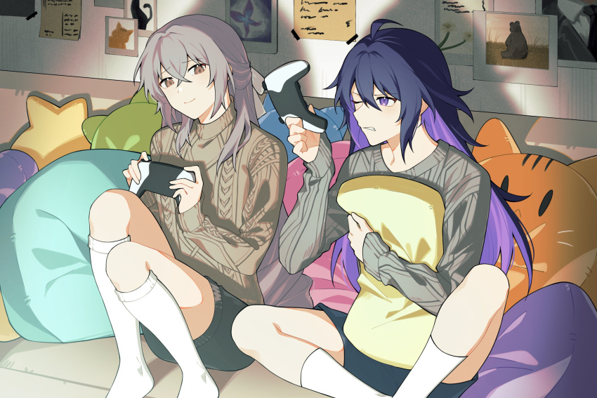 2girls absurdres ahoge annoyed black_shorts blue_eyes blue_hair bronya_rand closed_mouth colored_inner_hair controller crossed_bangs game_console game_controller green_eyes grey_hair hair_between_eyes highres holding holding_controller holding_game_controller honkai:_star_rail honkai_(series) indoors long_sleeves looking_at_another multicolored_hair multiple_girls natsuki_(2917) one_eye_closed pillow playing_games playstation_5 seele_(honkai:_star_rail) shorts smile socks stuffed_animal stuffed_toy sweater white_socks