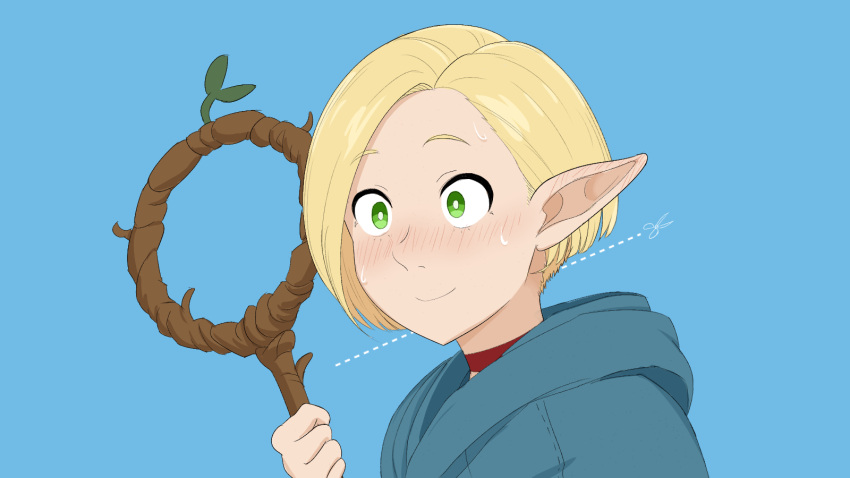 alternate_hair_length alternate_hairstyle blonde_hair blue_background blue_robe blush bob_cut choker dotted_line dungeon_meshi elf green_eyes hair_behind_ear highres leaf marcille_donato pointy_ears robe scissors short_hair simple_background staff undercut upper_body user_shhz5342