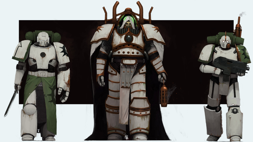 3boys abstract_background absurdres adeptus_astartes armor armored_boots artist_logo bald bolter boots breastplate cape commentary couter cuirass death_guard english_commentary greaves grey_armor gun highres holding holding_gun holding_sword holding_weapon leg_armor male_focus mortarion multiple_boys pauldrons pelvic_curtain poleyn power_armor primarch rerebrace shoulder_armor solo_focus square straight-on sword taz-mar torn_cape torn_clothes warhammer_40k weapon white_eyes