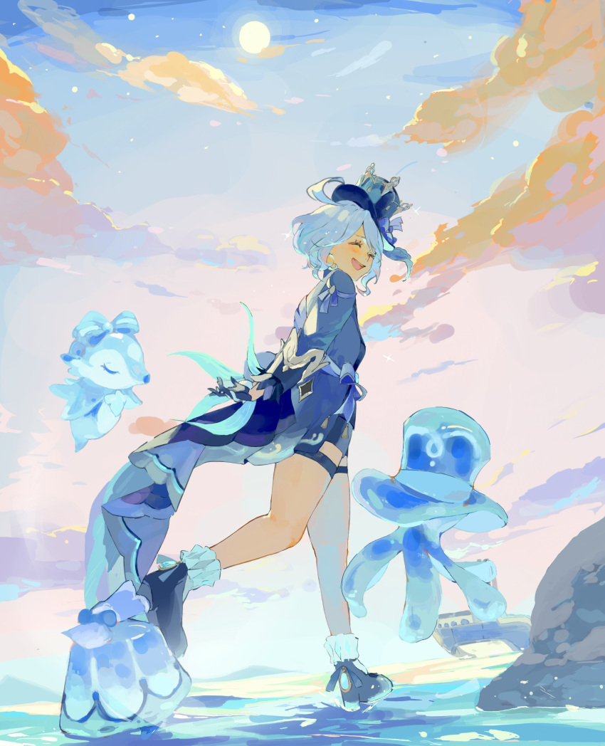 1girl 3others absurdres black_footwear blue_coat blue_hair blue_headwear blue_shorts closed_eyes clouds cloudy_sky coat facing_another furina_(genshin_impact) genshin_impact gentilhomme_usher hashtag_only_commentary hat highres hydrokinesis mademoiselle_crabaletta multiple_others neco_2110_(eru) open_mouth rock shorts sky smile surintendante_chevalmarin top_hat walking walking_on_liquid water