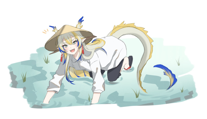 1girl :d ^^^ all_fours aqua_eyes arknights artist_name black_pants blonde_hair blue_hair blush commentary dragon_girl dragon_horns dragon_tail earrings english_commentary fangs hat highres horns jewelry long_sleeves meme multicolored_hair open_mouth pants pointy_ears rice_hat rice_paddy shirt shu_(arknights) smile solo tail water welcome_to_the_rice_fields_motherfucker_(meme) white_shirt yumyum