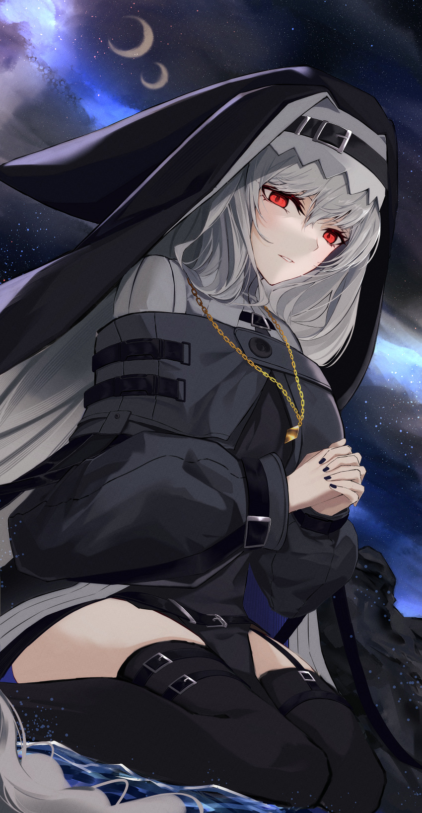 1girl absurdres arknights belt belt_buckle black_belt black_capelet black_coat black_dress black_thighhighs black_veil breasts buckle buttons capelet clouds cloudy_sky coat coif commentary crescent_moon dress dutch_angle feet_out_of_frame film_grain from_side grey_hair grin habit hair_between_eyes hands_up hatching_(texture) high_collar highres interlocked_fingers jewelry knees linear_hatching lips lipstick long_hair long_sleeves looking_at_viewer looking_to_the_side makeup medium_breasts mo_komo_momo moon moonlight multiple_moons multiple_thigh_straps necklace night night_sky nun off_shoulder open_clothes open_coat outdoors own_hands_together pale_skin parted_lips pelvic_curtain praying puffy_long_sleeves puffy_sleeves red_eyes red_lips rock shadow sitting skindentation sky smile solo specter_(arknights) splashing star_(sky) starry_sky strap teeth thigh-highs thigh_strap thighs turtleneck_capelet veil very_long_hair wariza water waves white_capelet