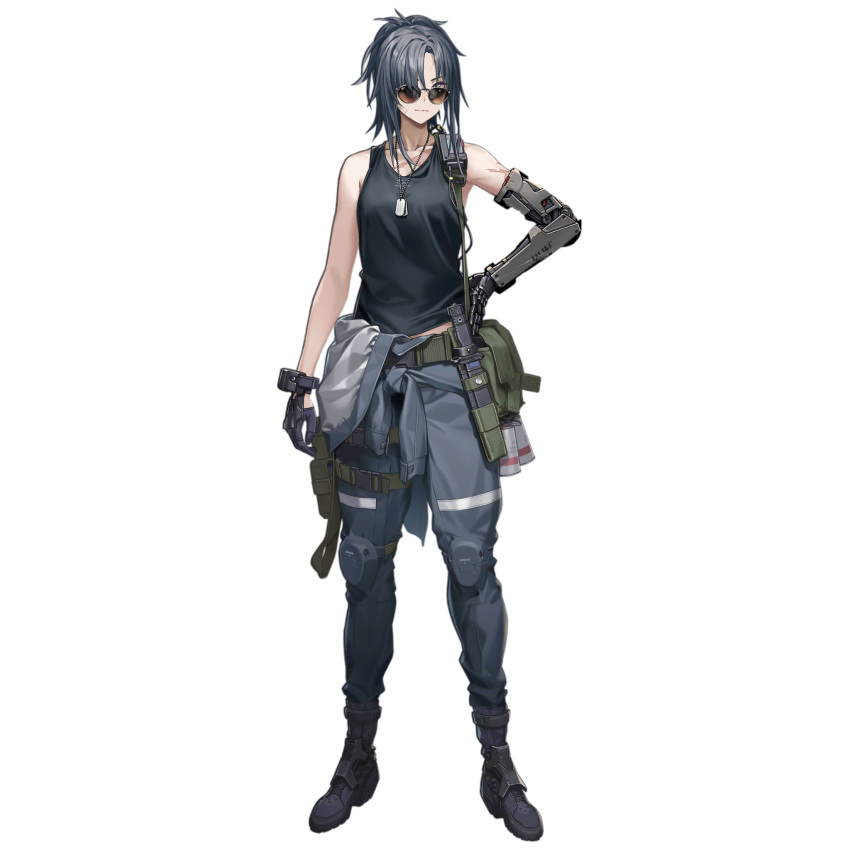 1girl angelia_(girls'_frontline) artist_request aviator_sunglasses belt belt_pouch black_footwear black_gloves black_tank_top blue_jumpsuit boots breasts closed_mouth collarbone dog_tags explosive full_body girls_frontline gloves green_bag grenade grey_eyes grey_hair hair_over_one_eye hand_on_own_hip highres jumpsuit jumpsuit_around_waist knee_pads knife knife_sheath long_hair looking_at_viewer medium_breasts midriff_peek official_art ponytail pouch prosthesis prosthetic_arm radio_antenna scar scar_on_arm scar_on_chest scar_on_face sheath sheathed simple_background solo standing sunglasses tank_top third-party_source transparent_background walkie-talkie