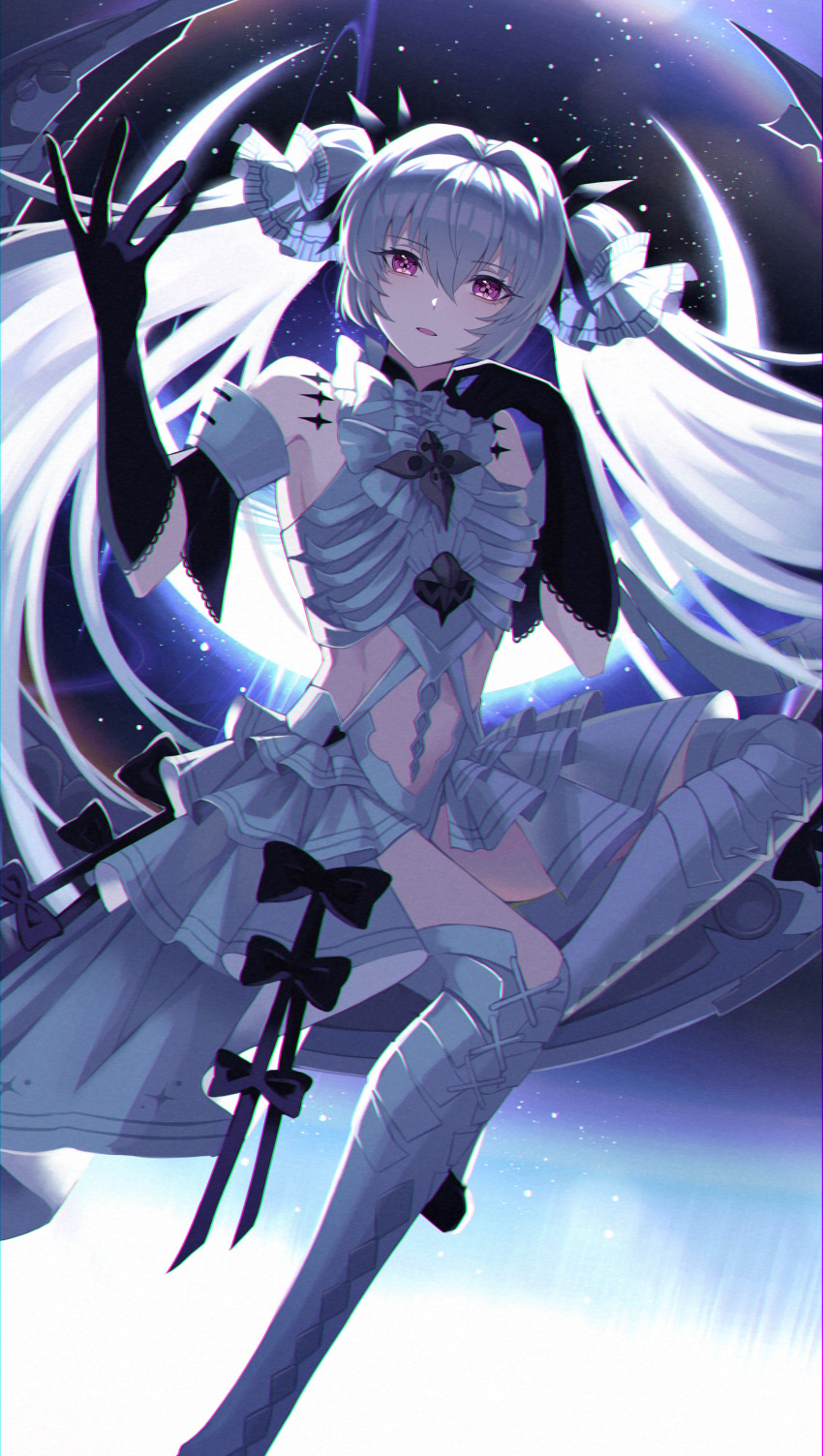 1girl absurdres bare_shoulders black_gloves cross-shaped_pupils detached_sleeves elbow_gloves gloves grey_hair grey_skirt grey_thighhighs hair_between_eyes hair_tubes highres long_hair luna_(punishing:_gray_raven) midriff official_alternate_costume parted_lips punishing:_gray_raven skirt solo symbol-shaped_pupils thigh-highs toi_pngr twintails very_long_hair violet_eyes