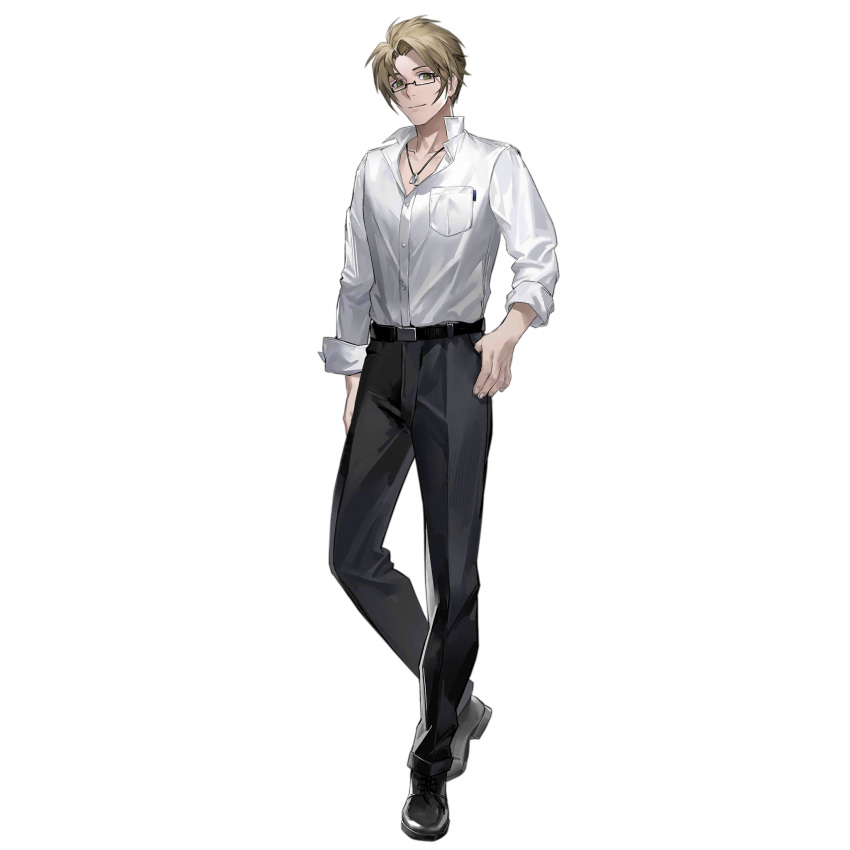 1boy armin_(girls'_frontline) artist_request belt black_footwear black_pants blonde_hair breast_pocket closed_mouth collared_shirt dog_tags full_body girls_frontline green_eyes hand_in_pocket highres jacket long_sleeves looking_at_viewer male_focus official_art pants pocket shirt shoes short_hair simple_background smile solo standing third-party_source transparent_background white_shirt
