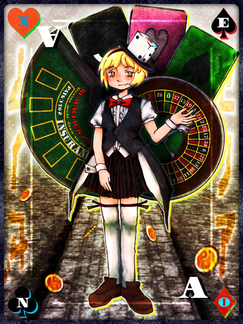 1other androgynous black_hairband black_skirt black_vest blonde_hair bow bowtie brown_footwear character_name collared_shirt commentary dice_hair_ornament full_body hair_ornament hairband hand_up highres len'en miniskirt other_focus pleated_skirt primary_dragon puffy_short_sleeves puffy_sleeves red_bow red_bowtie shirt short_hair short_sleeves skirt solo thigh-highs vest white_shirt white_thighhighs white_wrist_cuffs wrist_cuffs xeno_a yellow_eyes