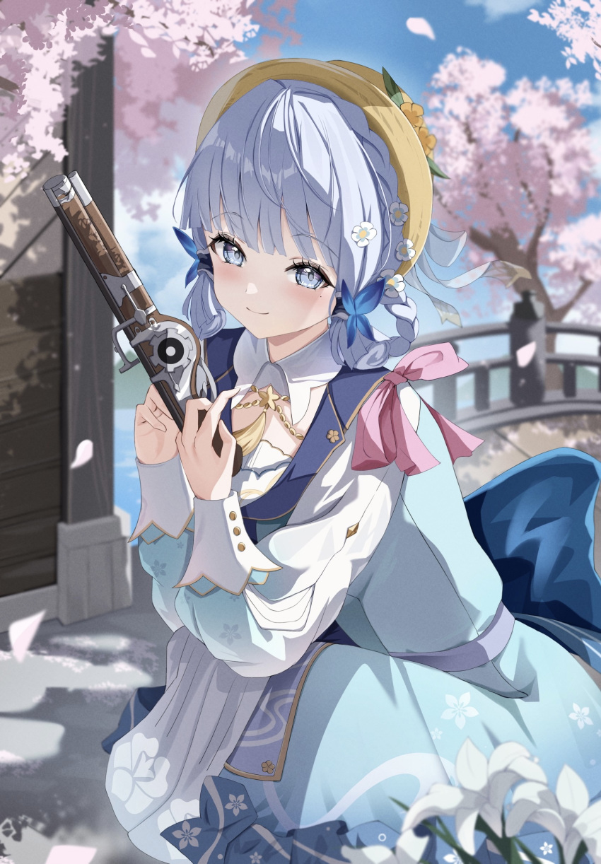 1girl absurdres back_bow blue_bow blue_eyes blue_hair blunt_bangs blush bow braid brown_headwear butterfly_hair_ornament cherry_blossoms closed_mouth collar commentary flower genshin_impact gun hair_flower hair_ornament hair_up hat hat_flower hat_ribbon highres holding holding_gun holding_weapon kamisato_ayaka kamisato_ayaka_(springbloom_missive) light_blue_hair long_sleeves looking_at_viewer mole mole_under_eye official_alternate_costume official_alternate_hairstyle outdoors pink_ribbon ribbon smile solo squatting tree weapon white_collar white_ribbon z_o_r_o_m_e