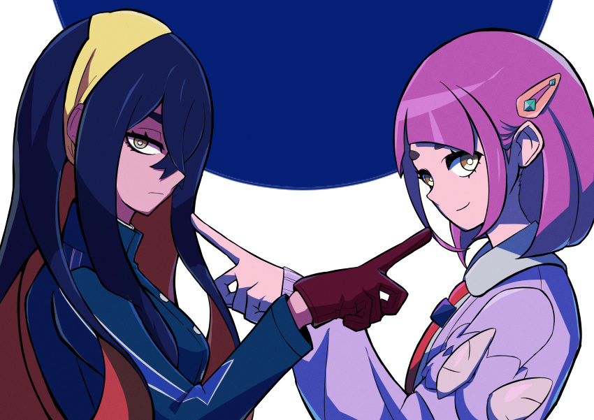 2girls absurdres arched_bangs black_hair blue_jacket buttons cardigan carmine_(pokemon) closed_mouth coat collared_shirt colored_inner_hair crossed_bangs eyelashes gloves hair_between_eyes hair_ornament hairband hairclip highres ida_(idalol490) identity_(vocaloid) jacket lacey_(pokemon) long_hair long_sleeves looking_at_viewer mole mole_under_eye multicolored_hair multiple_girls open_clothes open_coat pink_hair pointing pointing_at_another pokemon pokemon_sv purple_hair redhead shirt smile two-tone_hair white_shirt yellow_eyes yellow_hairband