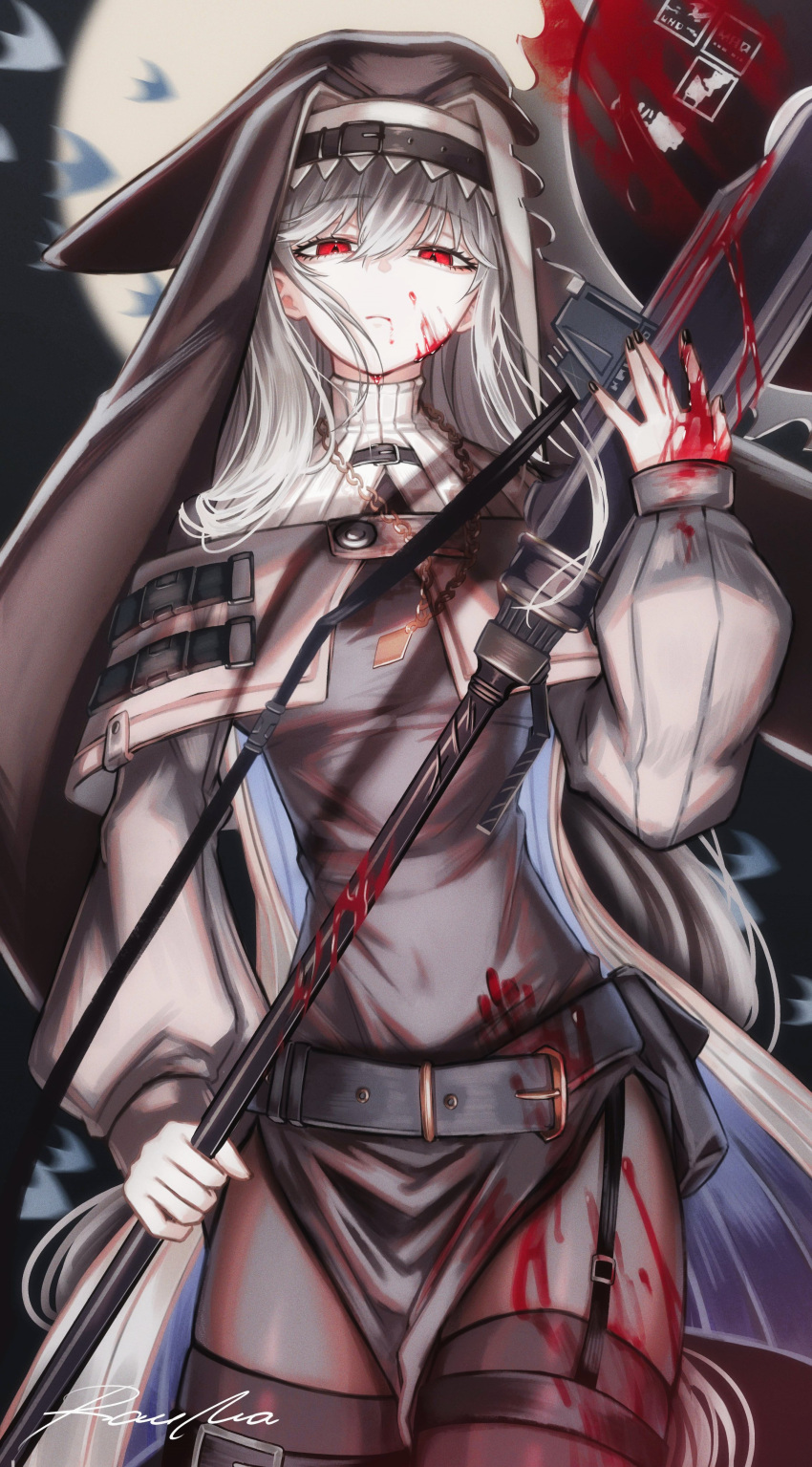 1girl absurdres arknights artist_name backlighting belt belt_buckle black_belt black_dress black_nails black_pantyhose black_thighhighs black_veil blood blood_in_mouth blood_on_clothes blood_on_face blood_on_hands blood_on_weapon bloody_handprints blurry blurry_background breasts buckle capelet circular_saw closed_mouth coat coif commentary covered_navel cowboy_shot depth_of_field dress expressionless eyelashes fingernails fish flying_fish grey_capelet grey_coat grey_hair habit hair_between_eyes hair_flowing_over half-closed_eyes hand_up high_collar highres holding holding_weapon jewelry leather_belt long_hair long_sleeves looking_at_viewer medium_breasts moon nail_polish necklace night nun off_shoulder open_clothes open_coat outdoors pale_skin pantyhose pelvic_curtain puffy_long_sleeves puffy_sleeves rau_ma_(the_rauma001) red_eyes revision saw signature simple_fish skindentation solo specter_(arknights) standing straight-on swept_bangs thigh-highs thigh_strap thighhighs_over_pantyhose turtleneck turtleneck_capelet two-handed two-sided_coat two-sided_fabric veil very_long_hair weapon white_capelet