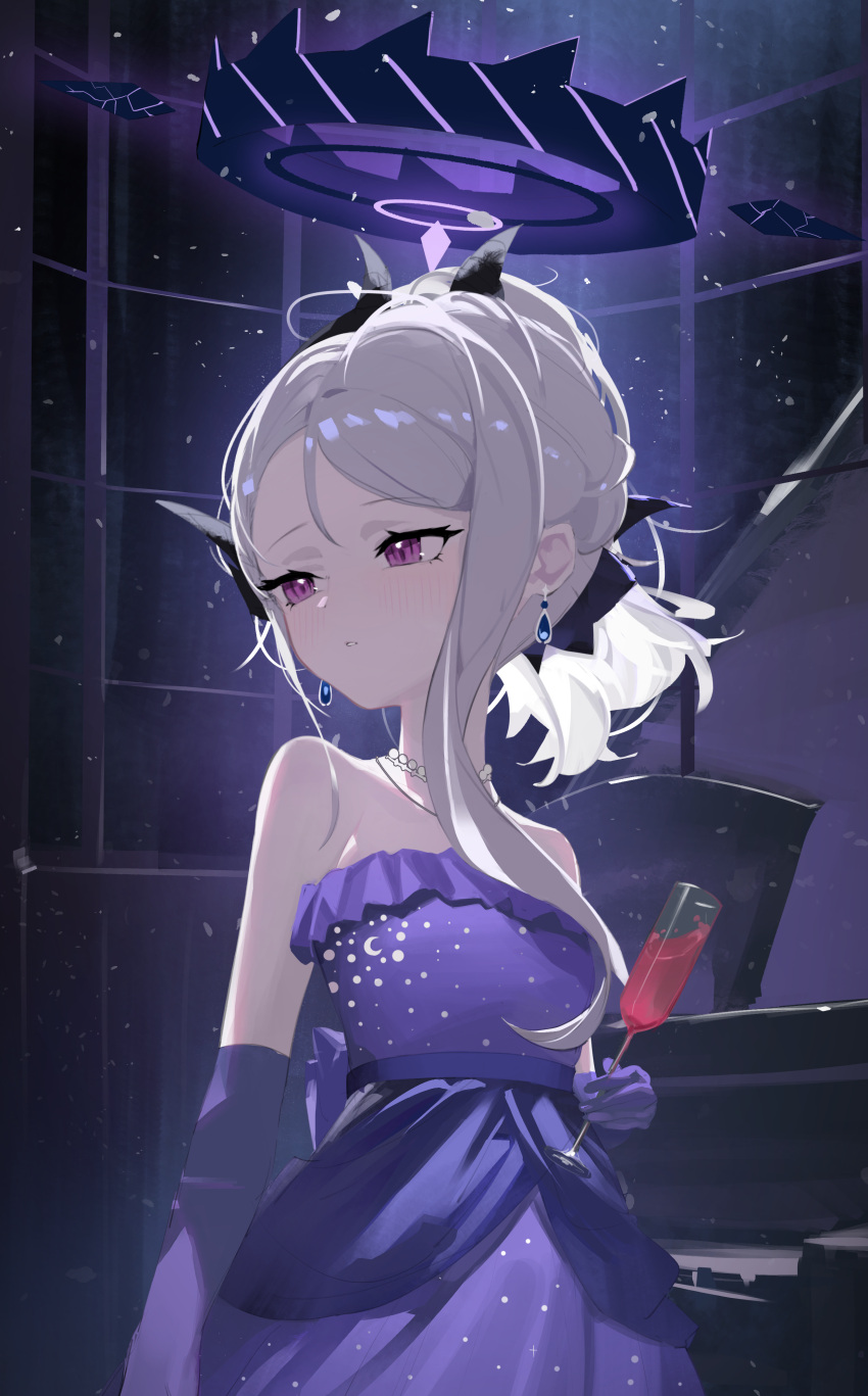 1girl absurdres black_horns blue_archive blush cup dangle_earrings demon_horns dress earrings elbow_gloves gloves grand_piano halo highres hina_(blue_archive) hina_(dress)_(blue_archive) holding holding_cup horns instrument jewelry long_hair necklace oiru_(fattyoils) parted_lips pendant piano purple_dress purple_gloves solo strapless strapless_dress upper_body violet_eyes white_hair