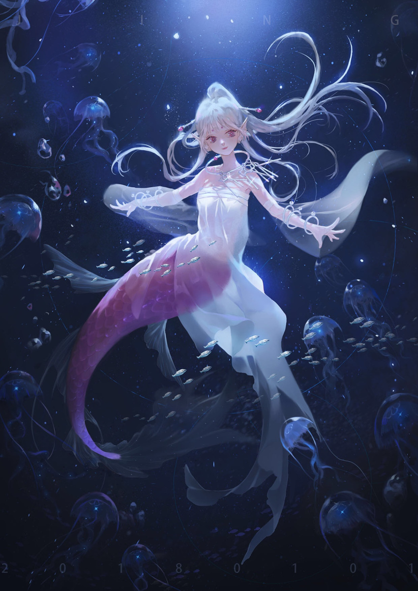 1girl ashuijing bangle bare_shoulders blonde_hair bracelet bubble closed_mouth detached_sleeves dress eyelashes fins fish floating_hair full_body hair_ornament hairpin head_fins high_ponytail highres jellyfish jewelry light_smile lipstick long_dress long_hair long_sleeves looking_to_the_side makeup mermaid monster_girl necklace original pink_eyes red_lips see-through see-through_sleeves sleeves_past_fingers sleeves_past_wrists solo strapless strapless_dress too_many too_many_fish underwater white_dress white_sleeves wide_sleeves