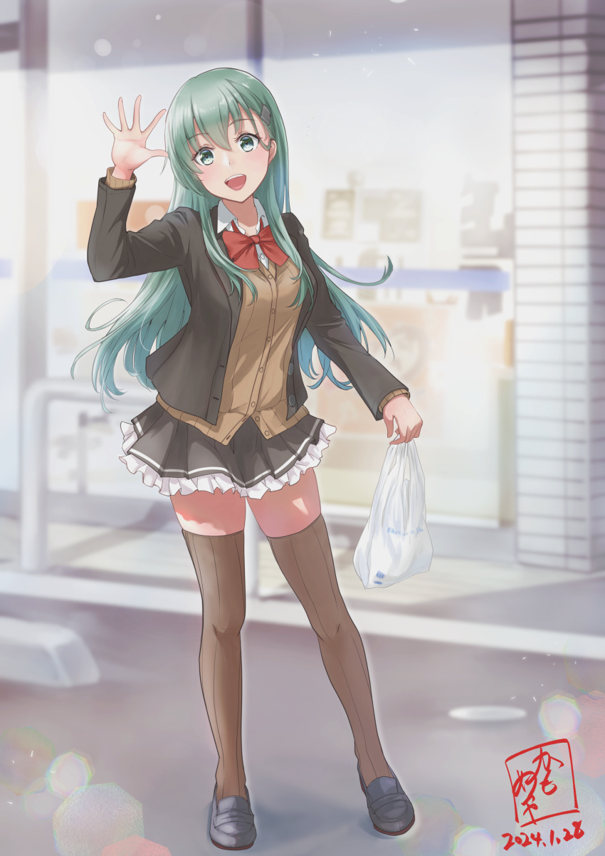 1girl absurdres aqua_eyes aqua_hair artist_logo bag blazer blurry blurry_background blush bow bowtie breasts brown_cardigan brown_jacket brown_skirt brown_thighhighs cardigan commission convenience_store dated day green_eyes hair_ornament hairclip highres jacket kamo_mayor kantai_collection long_hair looking_at_viewer medium_breasts outdoors pixiv_commission plastic_bag pleated_skirt red_bow red_bowtie school_uniform shirt shoes shop skirt smile solo suzuya_(kancolle) suzuya_kai_ni_(kancolle) thigh-highs white_shirt
