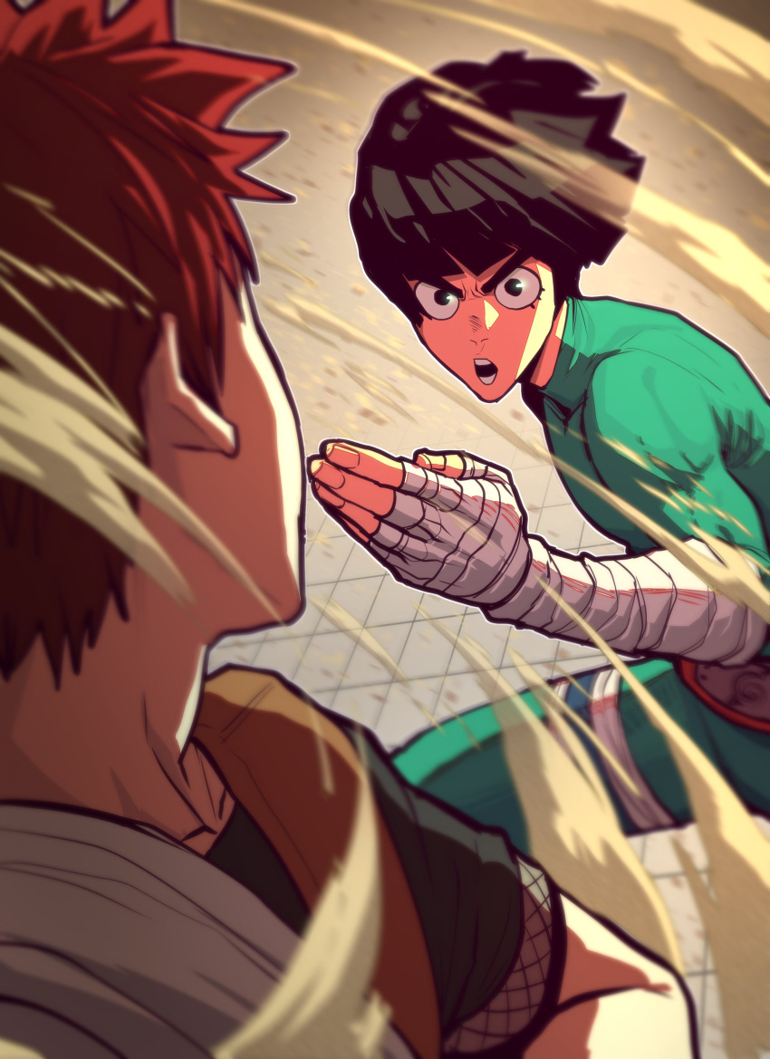 2boys absurdres bandaged_hand bandages battle black_eyes black_hair black_skirt blurry_edges bodysuit bowl_cut crossed_arms element_bending eyelashes facing_to_the_side feet_out_of_frame fighting_stance fingernails fishnet_sleeves floating_hair gaara_(naruto) geokinesis green_bodysuit hand_up highres konohagakure_symbol looking_at_another male_focus multiple_boys naruto naruto_(series) ninja nostrils open_mouth outline redhead rock_lee sand short_hair short_sleeves sidelighting skirt strap teeth thick_eyebrows thigh_strap thirdphp tile_floor tiles toned toned_male v-shaped_eyebrows white_outline wide-eyed