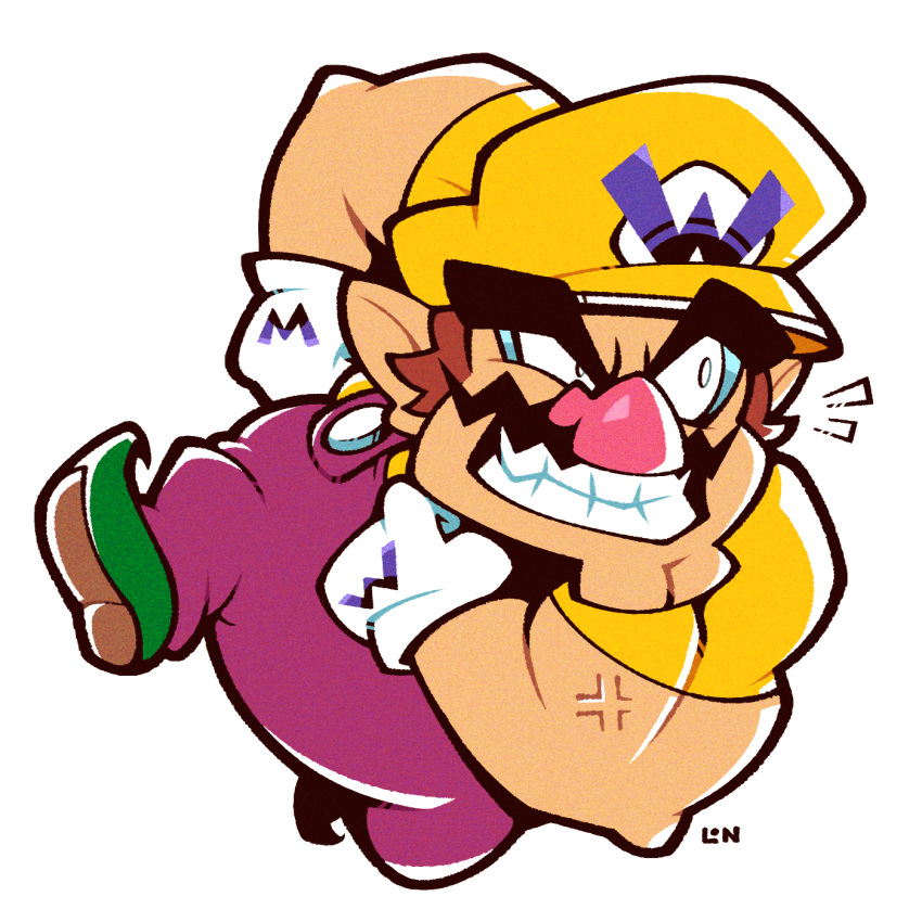 1boy big_nose brown_hair cleft_chin clenched_teeth facial_hair gloves green_footwear highres legendofnerd muscular mustache overalls pointy_ears purple_overalls shirt simple_background teeth thick_eyebrows wario wario_land white_background white_gloves yellow_headwear yellow_shirt