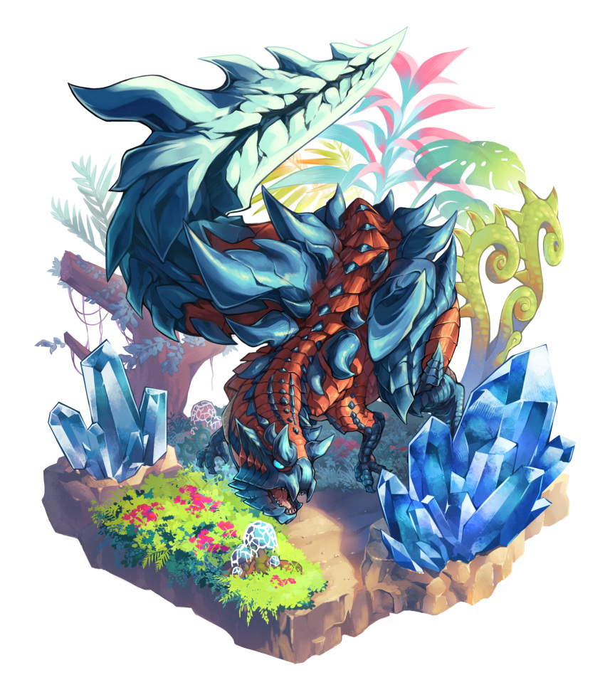 bare_tree blue_eyes blue_scales claws colored_skin crystal dirt fangs fern glavenus grass highres ivy leaf lizard_tail looking_to_the_side monster monster_hunter_(series) multicolored_skin nature necowantaro plant red_scales simple_background spikes tail tree white_background