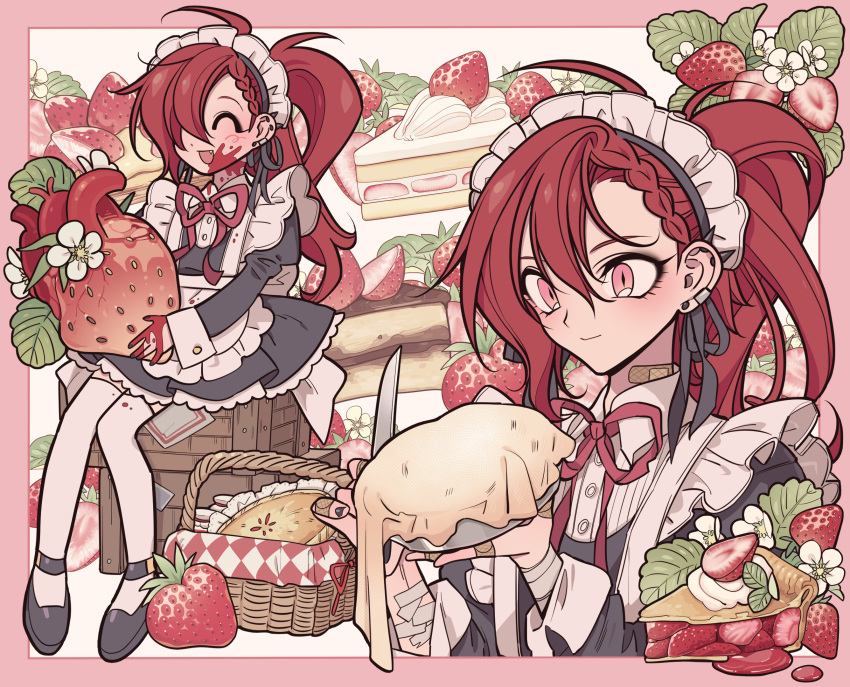 1other apron bandaid bandaid_on_hand black_dress black_footwear blood blood_on_face blood_on_hands cake cake_slice closed_eyes dress flower food frilled_apron frills fruit full_body hair_over_one_eye heart_(organ) highres holding holding_knife holding_plate juliet_sleeves kei_(meremero) knife leaf long_hair long_sleeves maid maid_apron maid_headdress meremero multiple_views neck_ribbon open_mouth original other_focus picnic_basket pie pie_slice plate ponytail puffy_sleeves red_eyes red_ribbon redhead ribbon shoes sitting smile strawberry strawberry_pie strawberry_shortcake thigh-highs upper_body waist_apron white_apron white_flower white_thighhighs wooden_box