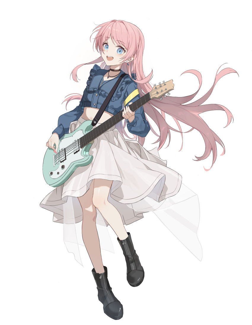 1girl absurdres bang_dream! bang_dream!_it's_mygo!!!!! black_choker black_footwear blue_eyes blue_jacket chenmu_sora chihaya_anon choker commentary cropped_jacket earrings electric_guitar full_body guitar highres holding holding_instrument holding_plectrum instrument jacket jewelry long_hair long_sleeves looking_at_viewer midriff music necklace open_mouth pink_hair playing_instrument plectrum shoes simple_background smile solo standing standing_on_one_leg tachi-e teeth upper_teeth_only very_long_hair white_background