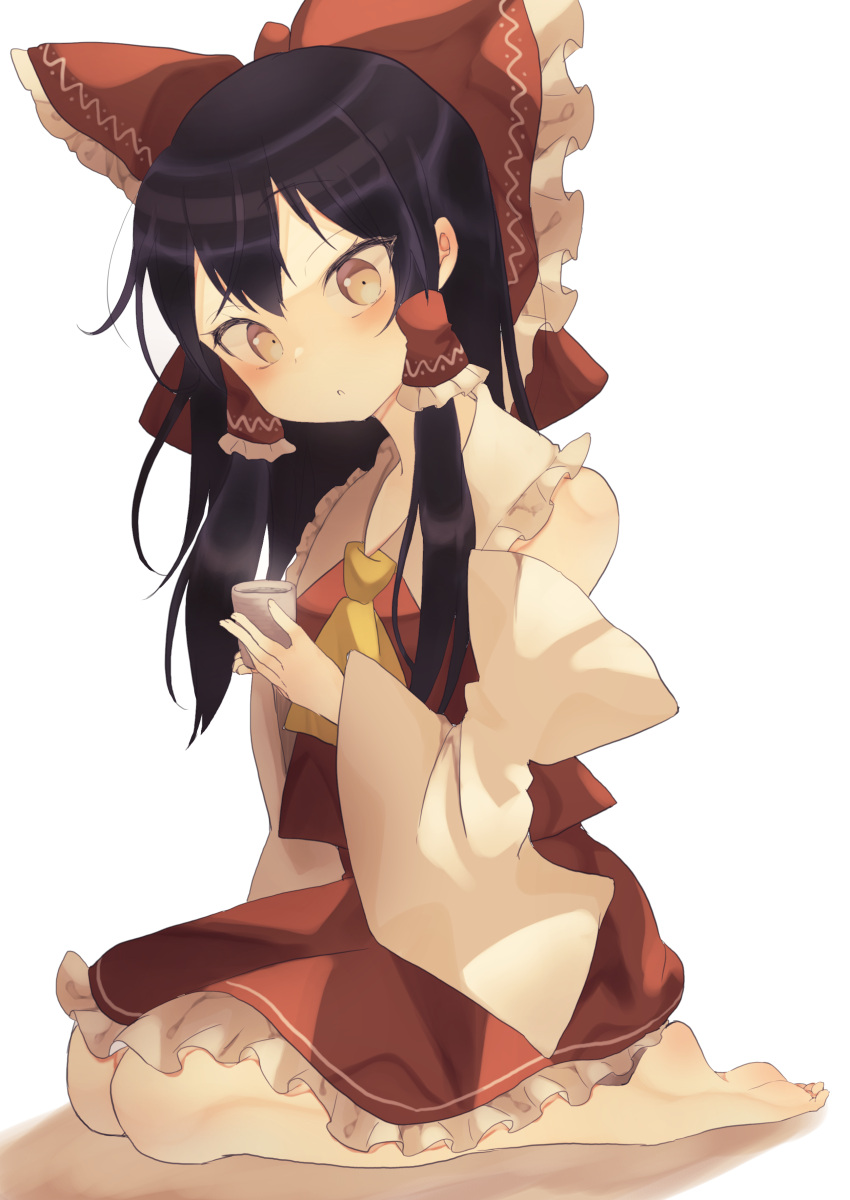 1girl absurdres ascot bare_shoulders barefoot black_hair blush bow brown_eyes commentary_request cup detached_sleeves frilled_bow frilled_hair_tubes frilled_shirt_collar frilled_skirt frills from_side full_body hair_between_eyes hair_bow hair_tubes hakurei_reimu highres holding holding_cup long_hair long_sleeves looking_at_viewer parted_lips red_bow red_skirt red_vest seika_okawari seiza sidelocks simple_background sitting skirt soles solo toes touhou vest white_background wide_sleeves yellow_ascot