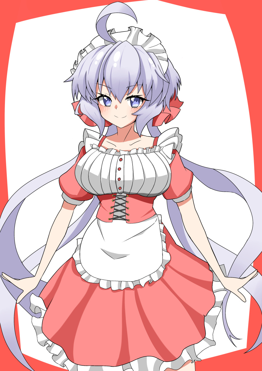 1girl 9ma_(9matohibari) absurdres ahoge apron blue_eyes blush breasts closed_mouth corset dress eyebrows_hidden_by_hair feet_out_of_frame frilled_dress frills hair_between_eyes hair_ribbon highres large_breasts long_bangs long_hair looking_at_viewer maid maid_apron maid_headdress red_corset red_dress red_ribbon ribbon senki_zesshou_symphogear simple_background smile solo twintails very_long_hair white_apron white_hair white_headdress yukine_chris