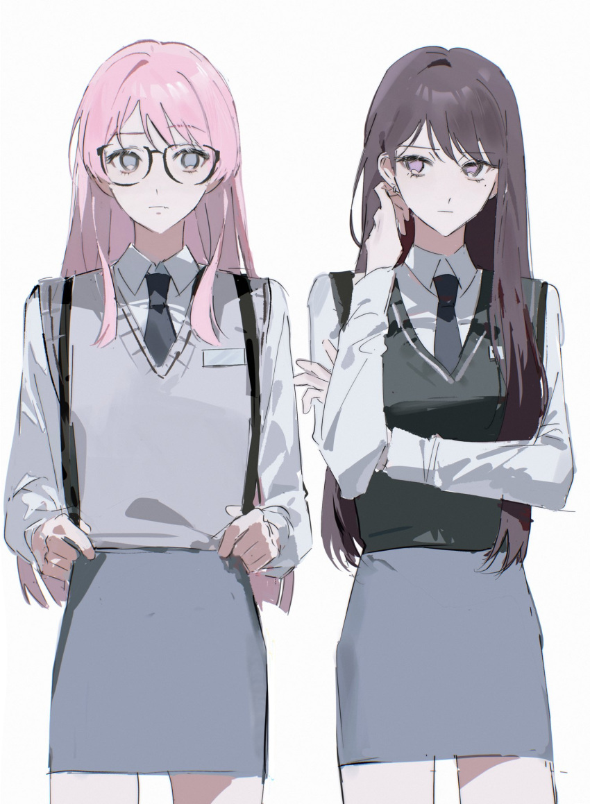 2girls backpack bag bang_dream! bang_dream!_it's_mygo!!!!! black_sweater blue_necktie brown_hair chihaya_anon closed_mouth collared_shirt commentary crossed_arms dress_shirt earrings glasses grey_eyes grey_skirt grey_sweater_vest hand_up highres jewelry long_hair long_sleeves looking_at_viewer mole mole_under_eye multiple_girls necktie pencil_skirt pink_hair qing_yan_xia school_uniform shiina_taki shirt simple_background skirt sweater sweater_vest violet_eyes white_background white_shirt