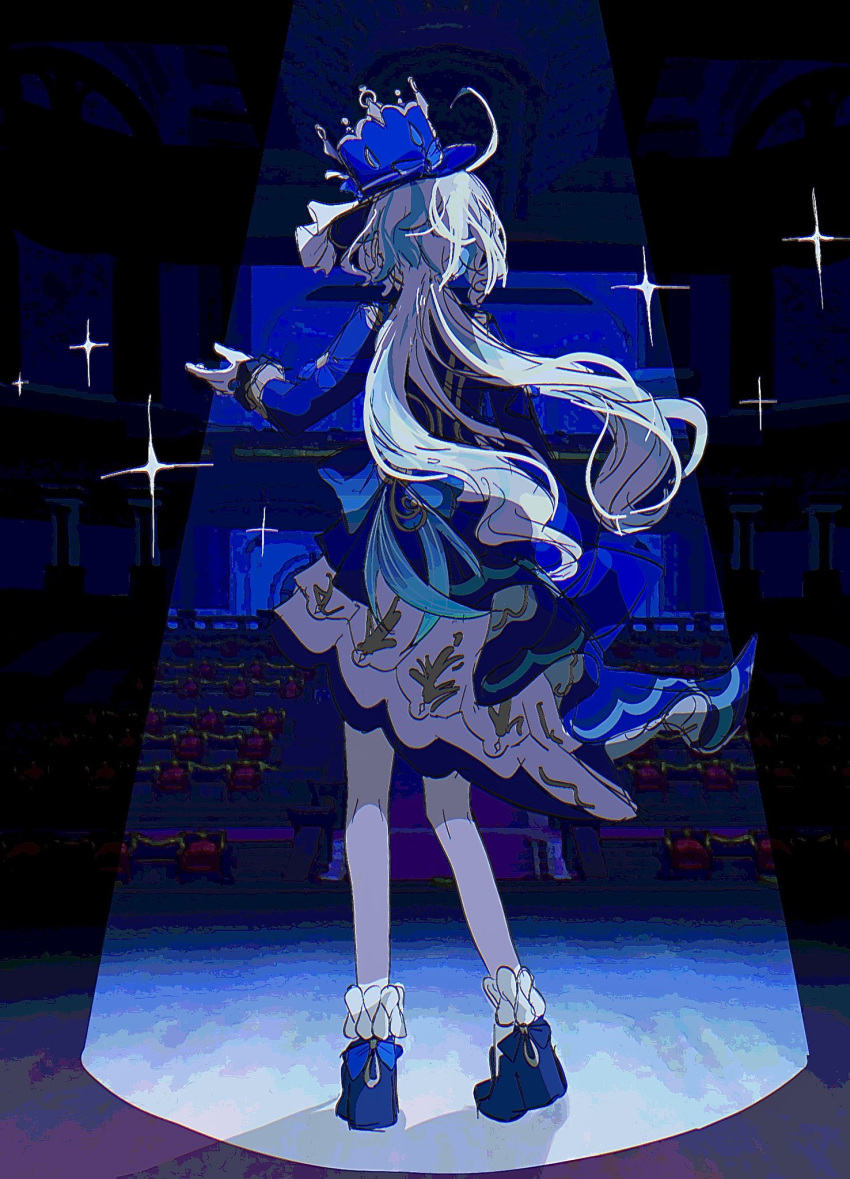 1girl ahoge blue_dress blue_footwear blue_hair blue_headwear blue_theme color_banding dress facing_away from_behind full_body furina_(genshin_impact) genshin_impact gloves hand_up hat heel_up highres indoors legs_apart long_hair long_sleeves multicolored_hair shoes sketch solo sparkle spotlight stage standing streaked_hair top_hat uuozzo very_long_hair white_gloves