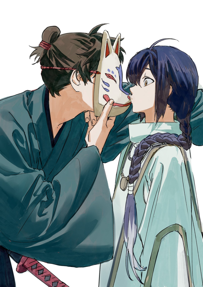1boy 1other blue_hair blue_kimono braid braided_ponytail brown_hair covered_face fate/grand_order fate/samurai_remnant fate_(series) folded_ponytail fox_mask from_side garam_lee hair_over_shoulder hand_up highres japanese_clothes jewelry katana kimono kiss korean_commentary long_hair long_sleeves mask miyamoto_iori_(fate) necklace outstretched_arm profile robe simple_background single_braid surprised sword topknot upper_body weapon white_background white_robe wide_sleeves yamato_takeru_(fate)