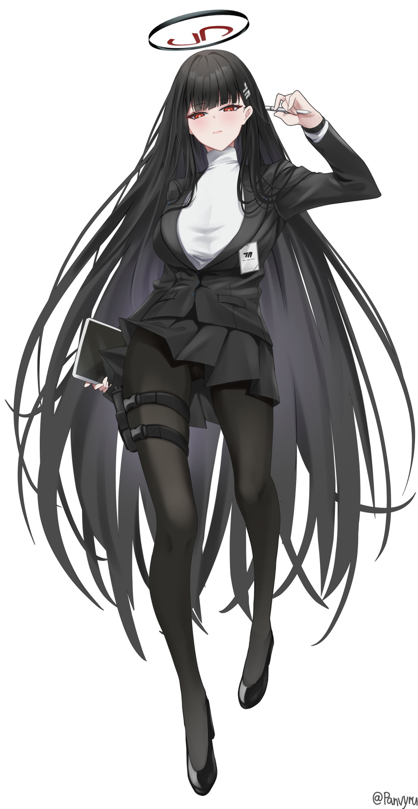 1girl absurdres black_hair black_halo black_pantyhose black_suit blue_archive blunt_bangs bright_pupils full_body hair_ornament hairclip halo hand_up highres holding holding_pen holding_tablet_pc id_card long_hair pantyhose panvyru pen red_eyes rio_(blue_archive) suit sweater tablet_pc tachi-e turtleneck turtleneck_sweater white_background white_pupils white_sweater
