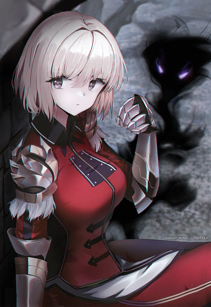 1girl against_wall armor black_coat blonde_hair breasts cha_hae-in clenched_hand closed_mouth coat commission crack eyebrows_hidden_by_hair feet_out_of_frame gauntlets hair_between_eyes highres kana_yukino large_breasts looking_to_the_side pants red_pants red_shirt shadow shirt short_hair shoulder_armor signature sitting solo solo_leveling upper_body violet_eyes