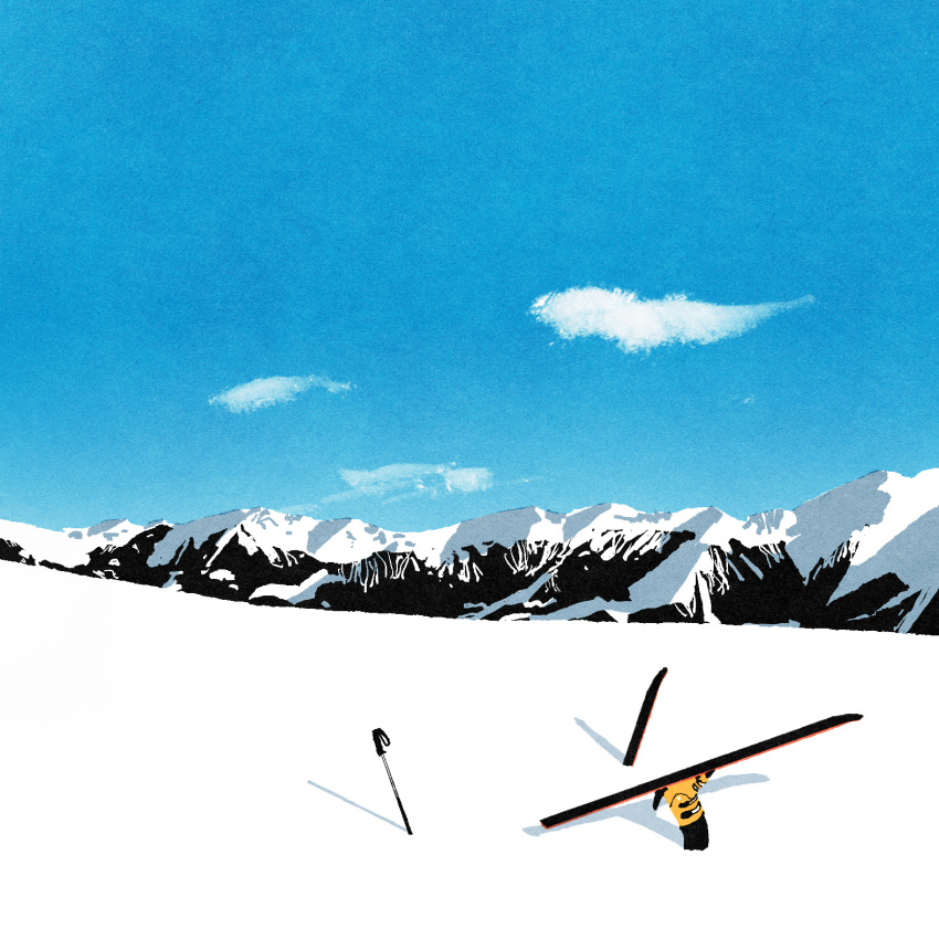1other accident blue_sky building clouds day highres iida_kento mountain no_humans original outdoors scenery ski_pole skiing skis sky snow