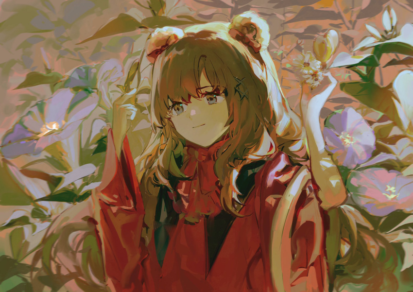 1girl animal_ears ascot bear_ears bow closed_mouth daisy eyelashes floral_background flower green_eyes green_hair hair_bow hair_ornament hands_up highres holding holding_flower japanese_clothes kimono lily_(flower) lobelia_(saclia) long_hair long_sleeves looking_ahead original peony_(flower) purple_flower red_ascot red_bow red_kimono red_sleeves sidelocks smile solo upper_body white_flower wide_sleeves x_hair_ornament