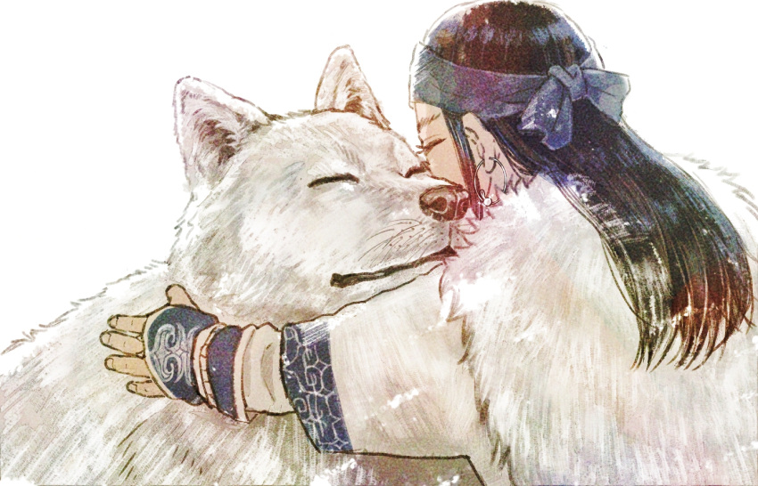 1girl ainu ainu_clothes animal_hug asirpa bandana blue_bandana cape closed_eyes commentary_request earrings from_behind fur_cape golden_kamuy hoop_earrings jewelry light_particles long_hair long_sleeves mudi_mudi retar robe simple_background solo tekunpe upper_body white_background white_robe wolf