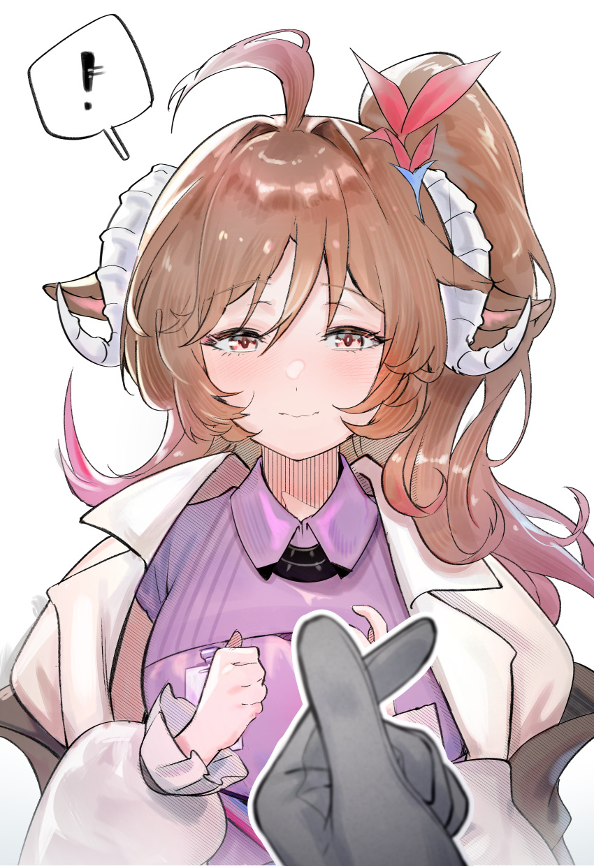 ! 1girl 1other absurdres ahoge animal_ears arknights blush breasts brown_hair closed_mouth collared_shirt elsi eyjafjalla_(arknights) eyjafjalla_the_hvit_aska_(arknights) finger_heart gloves grey_gloves hair_between_eyes hair_intakes half-closed_eyes hands_up highres horns jacket long_hair long_sleeves medium_breasts one_side_up open_clothes open_jacket puffy_long_sleeves puffy_sleeves purple_shirt red_eyes sheep_ears sheep_girl sheep_horns shirt simple_background spoken_exclamation_mark upper_body white_background white_jacket