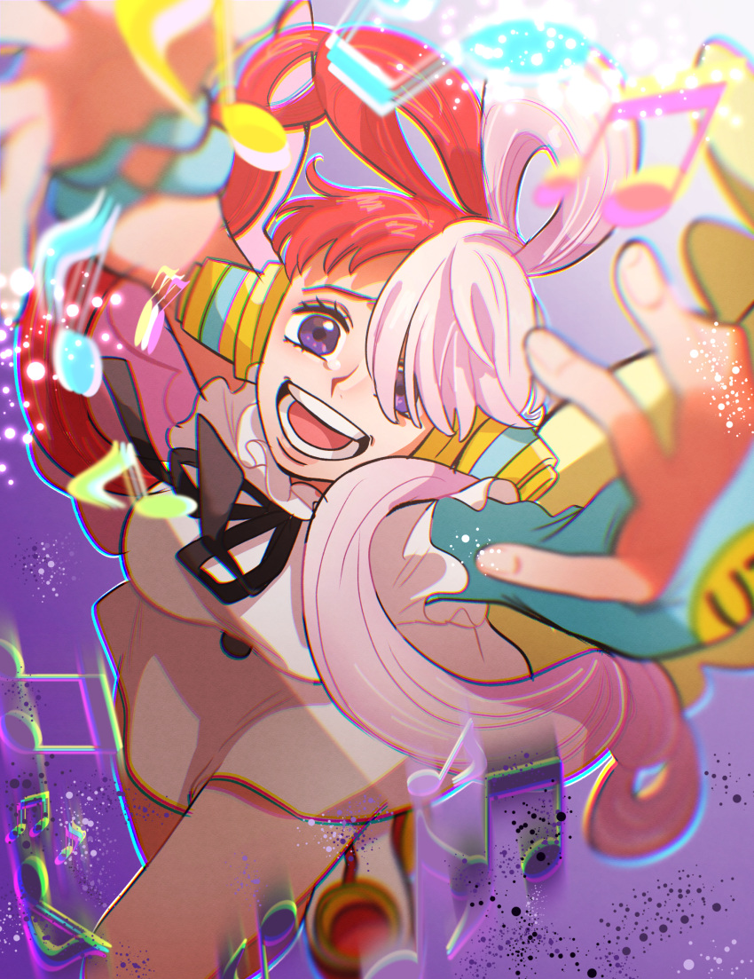 1girl absurdres aria_pkmn arms_up behind-the-head_headphones black_ribbon dress from_above hair_over_one_eye hair_rings headphones highres long_hair long_sleeves looking_at_viewer multicolored_hair musical_note one_piece one_piece_film:_red open_mouth purple_background reaching reaching_towards_viewer redhead ribbon short_dress solo tearing_up teeth two-tone_hair uta_(one_piece) violet_eyes white_dress white_hair