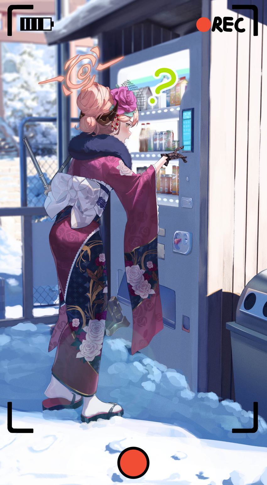 1girl absurdres aru_(blue_archive) aru_(new_year)_(blue_archive) battery_indicator black_gloves blue_archive blush brown_horns day demon_horns floral_print flower fur-trimmed_kimono fur_trim gloves hair_flower hair_ornament halo highres horns japanese_clothes kimono long_hair long_sleeves obi official_alternate_costume official_alternate_hairstyle open_mouth outdoors pink_flower pink_hair pink_halo print_kimono red_kimono sash snow socks solo standing super_h2o tabi vending_machine viewfinder white_socks wide_sleeves yellow_eyes