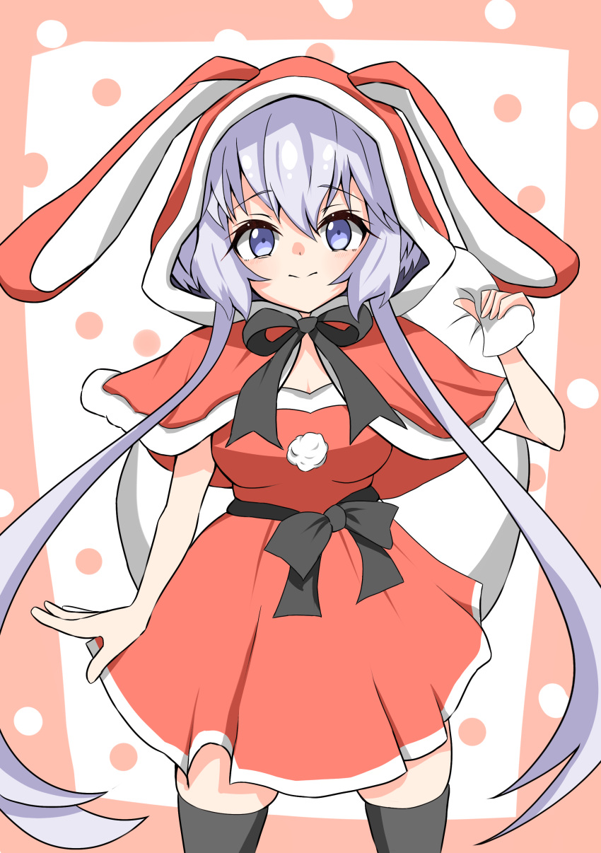 1girl 9ma_(9matohibari) absurdres animal_hood bag black_thighhighs blue_eyes breasts capelet closed_mouth dress eyebrows_hidden_by_hair feet_out_of_frame hair_between_eyes highres holding holding_bag hood large_breasts looking_at_viewer rabbit_hood red_capelet red_dress red_hood santa_costume senki_zesshou_symphogear simple_background skindentation smile solo thigh-highs twintails waist_ribbon white_hair yukine_chris